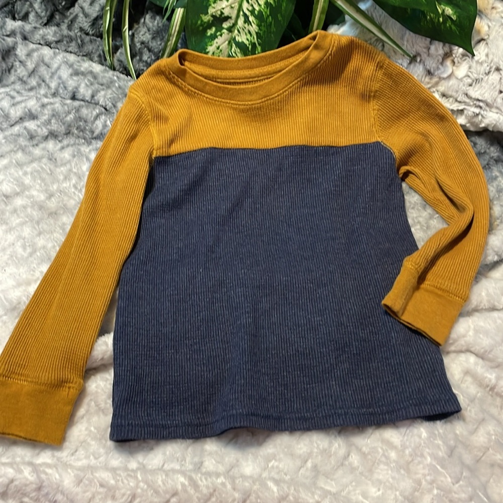 🧡 CAT & JACK BOY’S LONG SLEEVE TOP GOLD & DENIM  WAFFLE PRINT SZ:4T EUC~LIKE NEW